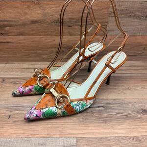 Casadei size 10 Floral Print Pointed Toe Slingback Kitten Heels Ostrich Leather
